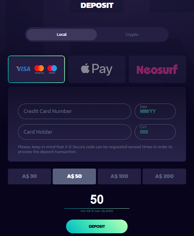 21bit Casino deposit cashier with the Visa, Mastercard and Maestro tile selected, Apple Pay and Neosurf tiles beside it, and a minimum of A$15