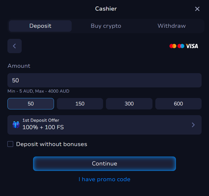 7Bit Casino cashier deposit tab with Mastercard, Maestro and Visa logos and Min 5 AUD, Max 4000 AUD under the amount field