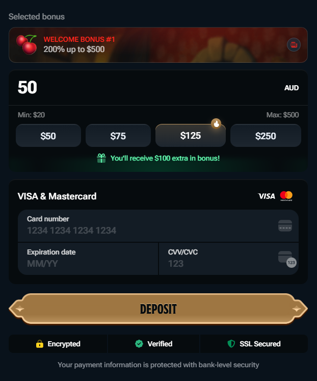 Kingdom Casino deposit screen with Visa and Mastercard card fields, 200% up to $500 welcome bonus, min $20 and max $500