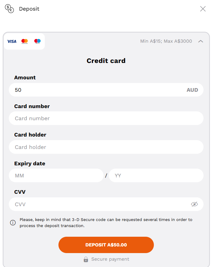 Level Up Casino credit card deposit form showing Visa, Mastercard and Maestro logos with Min A$15 and Max A$3000