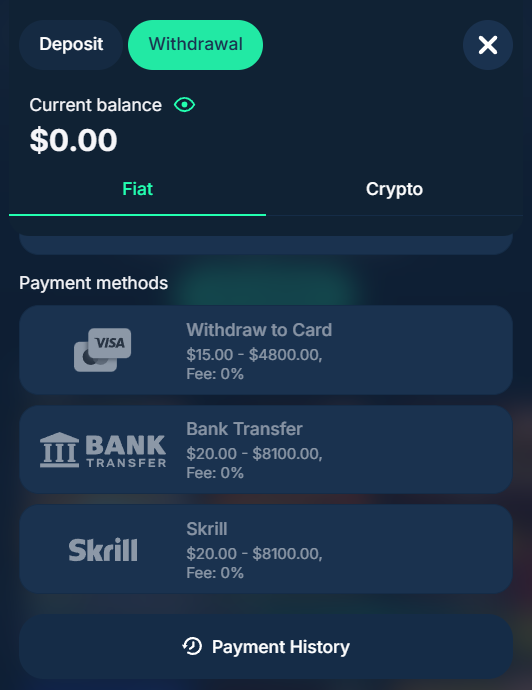 Playzilla Casino withdrawal tab listing Withdraw to Card with a Visa mark, $15 to $4,800 and fee 0%, next to Bank Transfer and Skrill