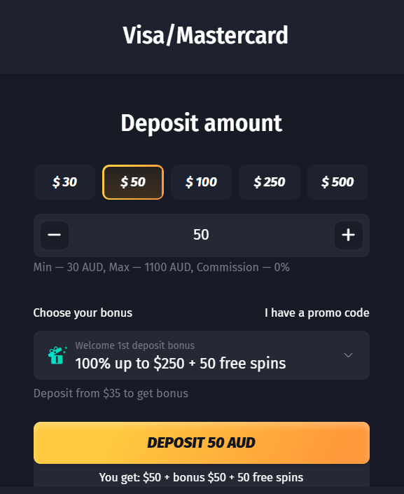 Winshark Casino Visa/Mastercard deposit screen with min 30 AUD, max 1100 AUD and commission 0%